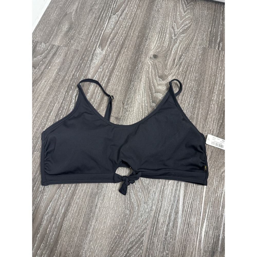 La Vie en Rose Aqua Black Ribbed Front Tie‎ Bikini Top XXL nee